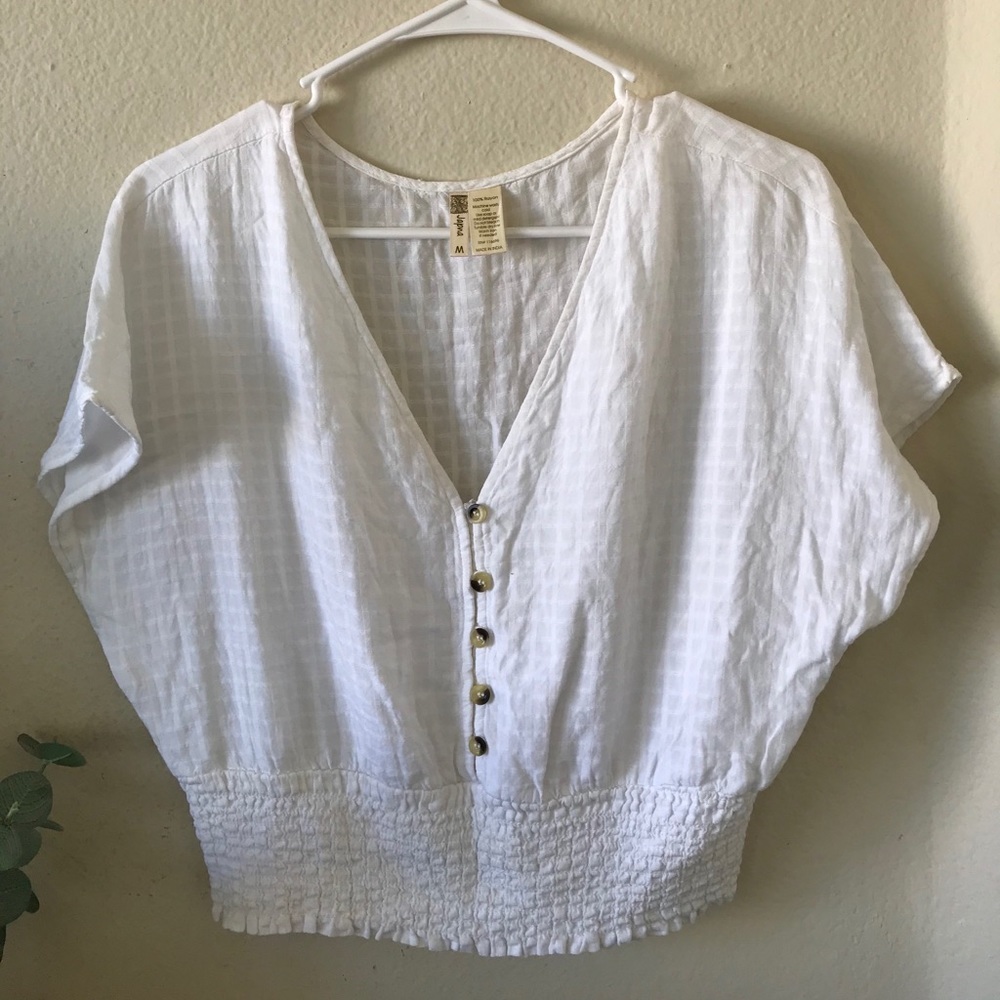 White V Neck Smocked Top